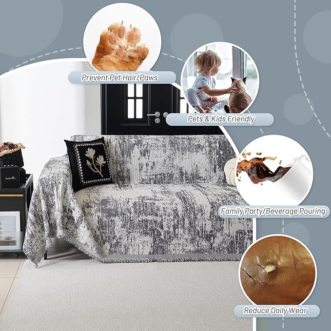 MYSKY HOME Boho Couch Cover for Dogs Washable Deep Grey Abstract Couch Sofa Protector for Loveseat Sofa Pets Friendly Chenille Geometric Sofa Covers Soft Durable Farmhouse Sofa Slipcovers, 91" X118"
