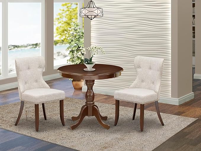 East West Furniture AMSI3-MAH-35 3 Piece Dining Room Table Set Contains a Round Kitchen Table with Pedestal and 2 Doeskin Linen Fabric Parson Dining Chairs, 36x36 Inch, Mahogany