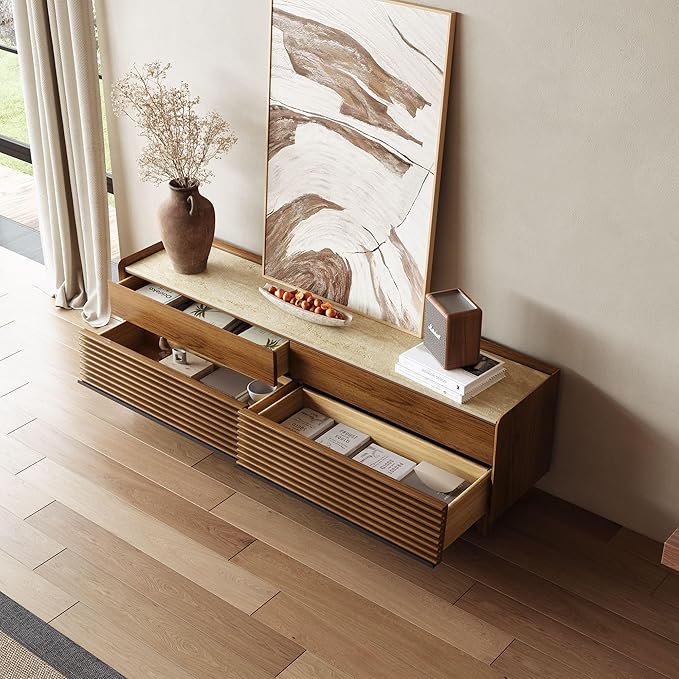POVISON Fully-Assembled Mid Century Glossy Sintered Stone Tabletop TV Stand with Legs,Wood Media Console with Adjustable LED Light for 70.87" TVs,Entertainment Center with Storage for Living Room