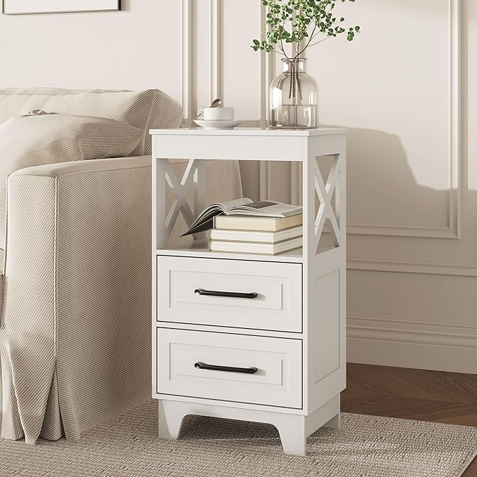 Tall Nightstand Set of 2 Side Table with 2 Drawers Modern Night Stand Wooden End Table Bedside Table with Upper Open Shelf Solid Feet for Bedroom, Living Room, White
