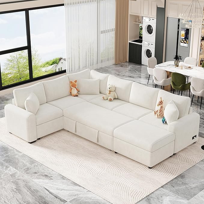 112" Luxurious Pull-out Sofa Bed Sleeper with Storage Ottoman,Sectional Sleeper Couch W/ 3 Pillows,2 USB ports & 2 Power Sockets,Corner Furniture Set for Living Room Large Space,Cream Chenille