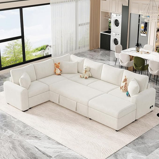 112" Luxurious Pull-out Sofa Bed Sleeper with Storage Ottoman,Sectional Sleeper Couch W/ 3 Pillows,2 USB ports & 2 Power Sockets,Corner Furniture Set for Living Room Large Space,Cream Chenille