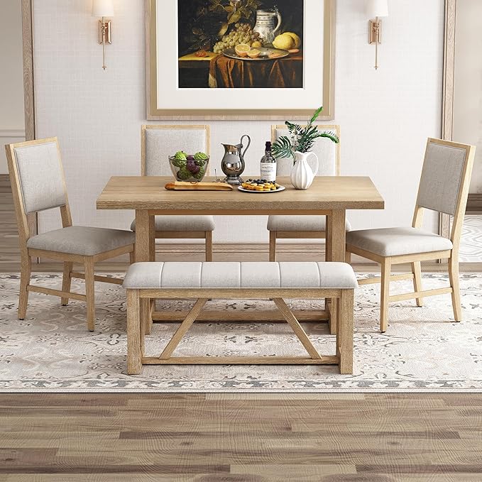 Ball & Cast 6-Piece Dining Table Set for 6 People, 60" Wood Dining Kitchen Table & Chairs Set, Dining Room Table with Upholstered Chairs and 1 Bench, Perfect for Dining Room, Kitchen,Natural