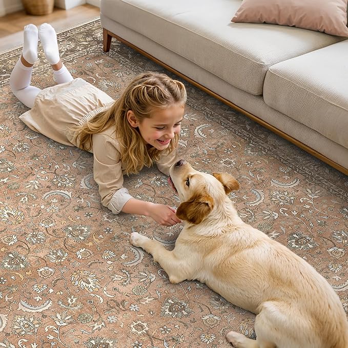 10X14 Area Rugs Machine Washable Rugs for Living Room, Vintage Boho Large Rugs for Bedroom Dining Room, Non Slip Indoor Soft Distressed Lightweight Thin Low Pile Carpet, Chestnut
