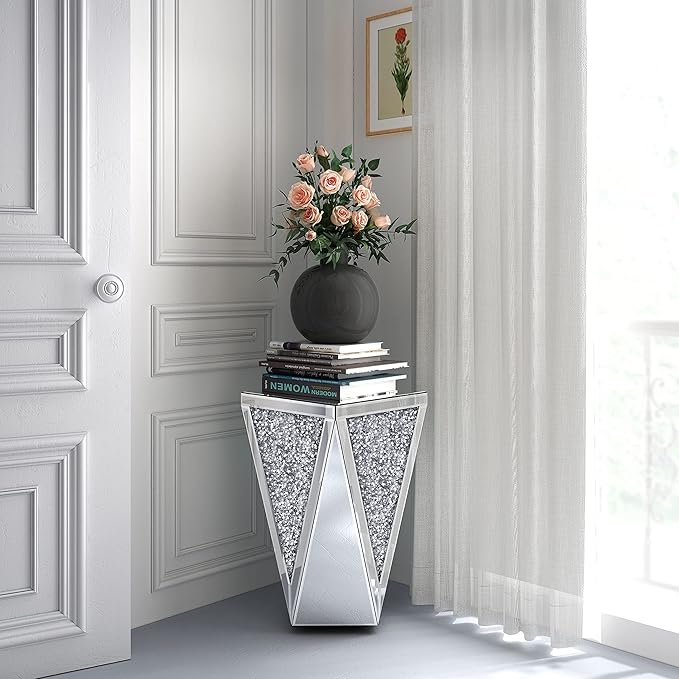 ENENE 19.7" Mirrored End Table Crystal Diamond Setting Coffee Table Silver Glass Side Table Pedestal Stand for Hallway, Living Room, Corner, Bedroom, Sofa