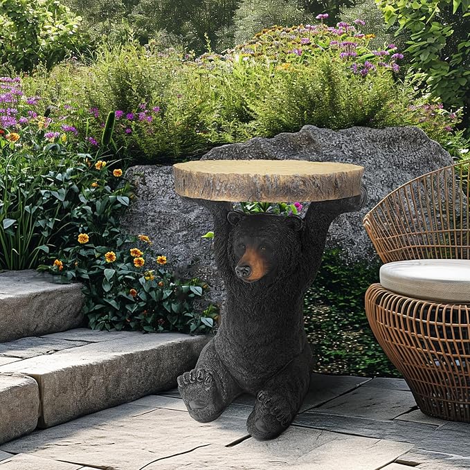American Black Bear Side Table Pedestal End Table Stool Resin Bear Statue Hand Painted Sculpture Home Office Living Room Decor