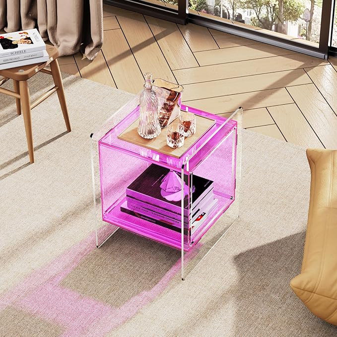 Acrylic Nightstand Colorful Bedside Table with Open Storage Shelf,Clear Side Table for Living Room (1, Pink)