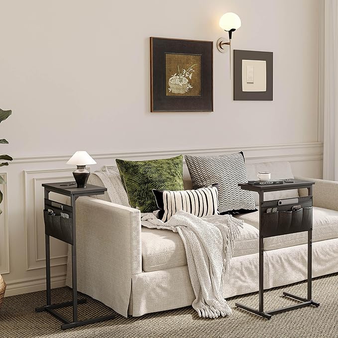 C Shaped End Table, Side Table for Sofa, Small TV Tray, Couch Table with Storage Bag for Small Space, Living Room, Bedroom, Home Office LET501B (Black)