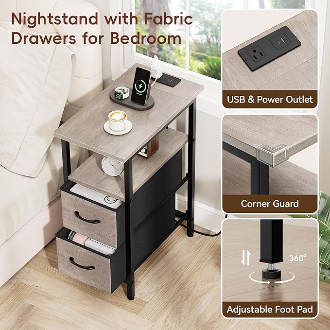 Vagusicc End Table with Charging Station Set of 2, Narrow Side Table, 23.8'' Tall Nightstand with 2 Drawers, Small Sofa Side Table Narrow Nightstand for Small Spaces, Living Room, Bedroom, Rustic Grey