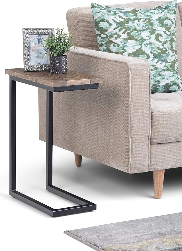 SIMPLIHOME Skyler 18-inch Wide Solid Mango/Metal Industrial C-Shaped End Table in Beach Brown/Black for Living Room, Office, or Bedroom, Assembled