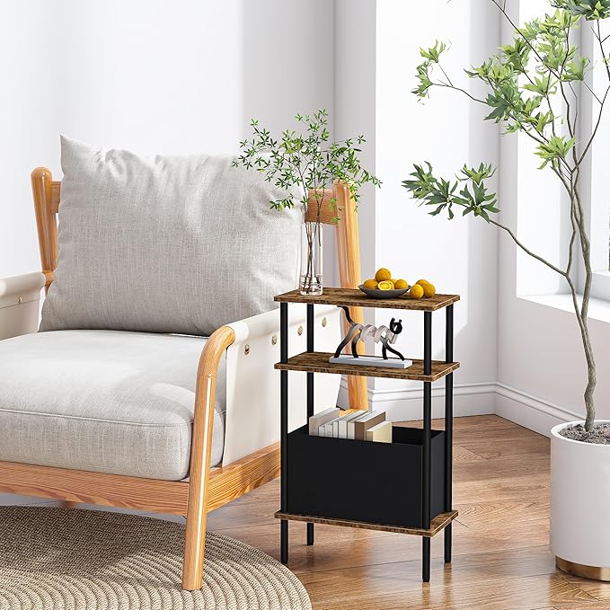 Narrow Side Table with Fabric Basket, End Table for Small Spaces, Slim Nightstand with 3-Tier Storage Shelf, Sofa Beside Table, for Living Room, Bed Room, Rustic Brown