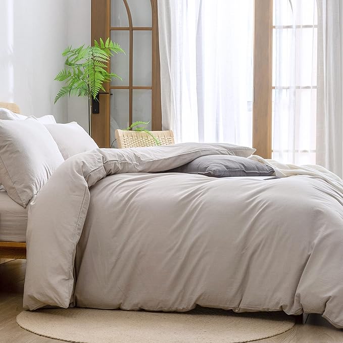 BESTOUCH Duvet Cover Set 100% Washed Cotton Linen Feel Super Soft Comfortable Chic Lightweight 3 PCs Home Bedding Set Solid Linen Grey Cal King