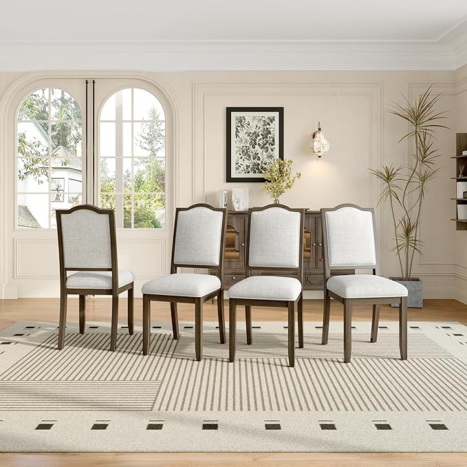 Merax Upholstered Dining Chairs Set of 4, Farmhouse Chair with High Back, Modern Seating for Kitchen, Bedroom & Living Room, Brown+Beige