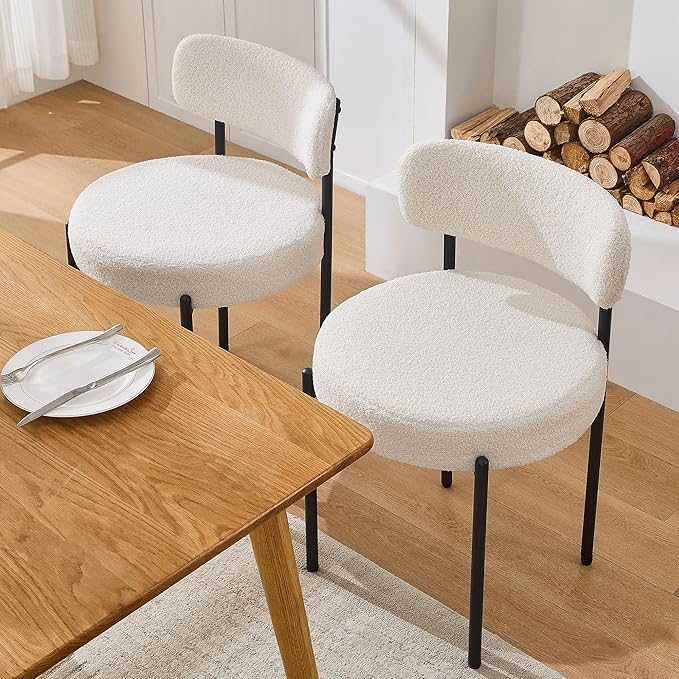 Dining Chairs Set of 6, White Boucle Dining Chair, Curved Backrest Upholstered Dining Room Chairs with Black Metal Legs, Mid Century Modern Dining Chairs for Kitchen, Living Room, White