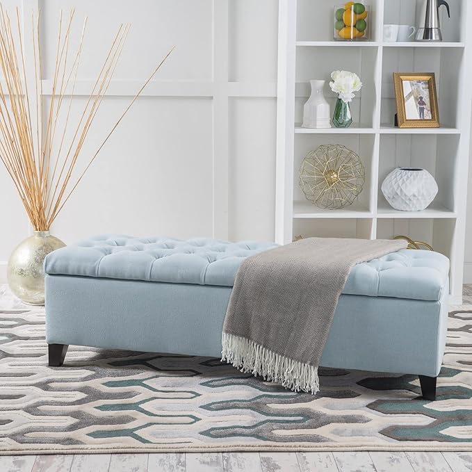 Christopher Knight Home Ottilie Fabric Storage Ottoman, Light Sky, Dimensions: 17.50 inches deep x 51.00 inches wide x 17.00 inches high.
