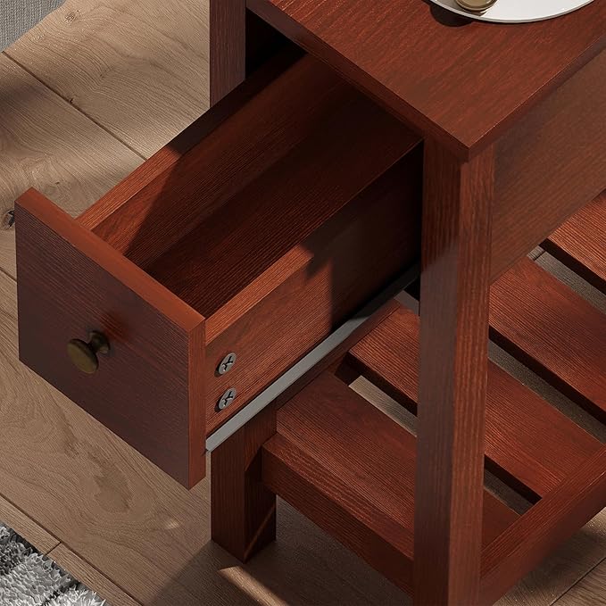 ChooChoo Narrow End Table, Small Side Table for Small Spaces, Slim End Table with Drawer, Narrow Nightstand Bedside Table for Living Room Bedroom, Cherry Brown, 2 Pack