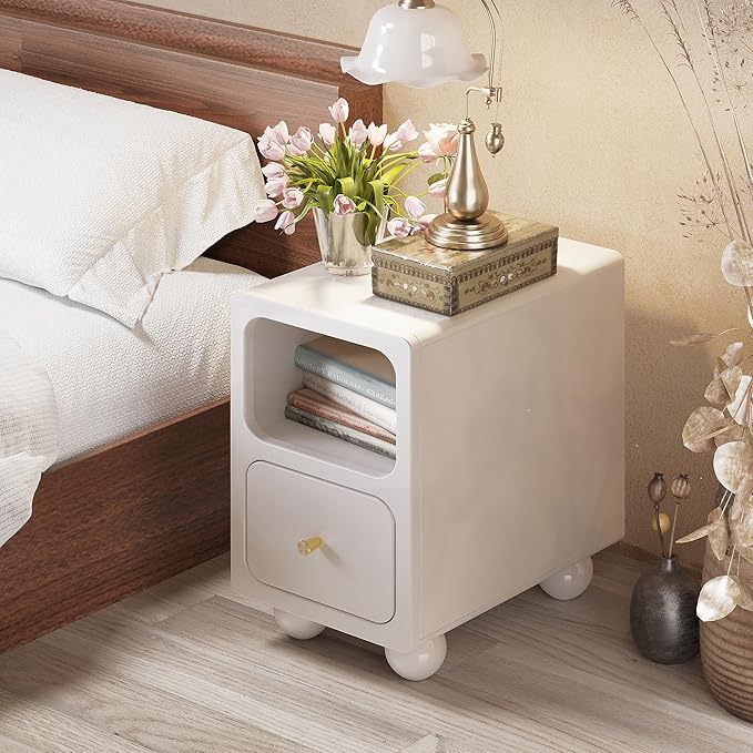 Solid Wood Nightstand, Narrow Night Stand with Drawers, White Mid Century Modern Nightstand, Small Beside Table with Open Storage Shelf for Bedroom (12 inch)