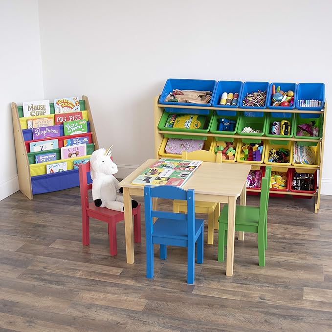 Humble Crew Extra-Large Toy Organizer with 20 Plastic Bins – Primary/Natural Storage Rack with 4-Tier Shelves, Anti-Tip Safety, for Kids’ Rooms, Playrooms, Nurseries & Classrooms