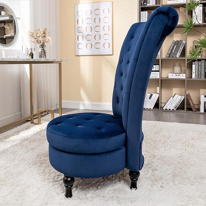 Container Furniture Direct Royal High-Back Velvet Accent Chair for Vanity with Storage and Luxurious Upholstery, Retro Design and Versatile Usage for Living Room, Bedroom, Lounge and Office, Dark Blue