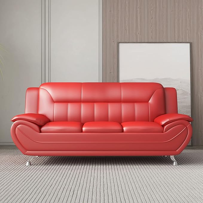 Container Furniture Direct Michael Modern Faux Leather Upholstered Stainless Steel Legs Living Room Sofa, Loveseat, Persian Red