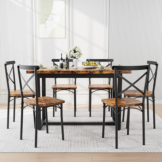 Ball & Cast 7 Pieces Dining Table Set,Kitchen Table and Chairs for 6 with 52" Table and 6 Chairs,Desk with Foot Pads,for Small Space,Apartment,Dining Room,Brown