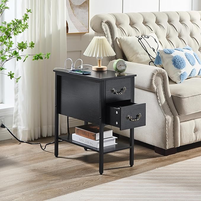 VECELO End Tables,Narrow Nightstands with Charging Station & USB Ports &Drawers,Night Stand for Living Room, Bedroom,Black