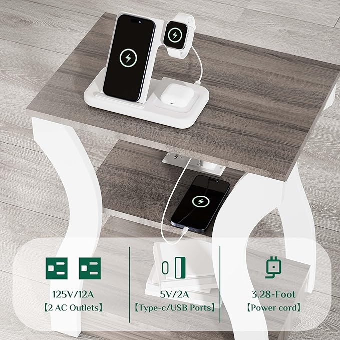 End Tables for Living Room, Side Tables with Charging Station, 3-Tier Night Stand Set of 2, USB Ports & Outlets, Storage Shelf - for Bedroom, Office, Bathroom, White