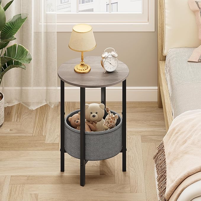 Vagusicc Round Side Table End Table with Storage Basket, Small Side Table Round Nightstand for Small Spaces, Tall Oval End Table with Steel Frame, Coffee Bedside Table for Living Room Bedroom, Greige