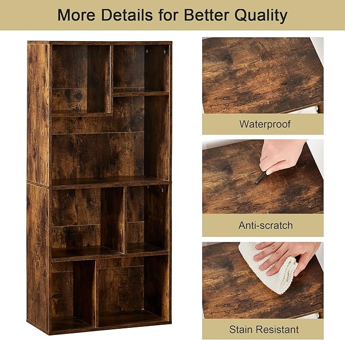 VECELO 42 Inch High Bookcase, 4-Tier Modern Storage Cabinet with Height Difference Shelves for Standard Textbooks, Floor Standing, 7 Cubes, Horizontal Available, Easy Assembly, Rustic Brown