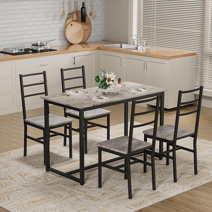 Ball & Cast Dining Table Set with Long Table and 4 Chairs,5-Piece Living Room Furniture W/ 47" Rectangle Kitchen Table & Backrest Chair,for Small Space,Apartment,Dining Room,Gray