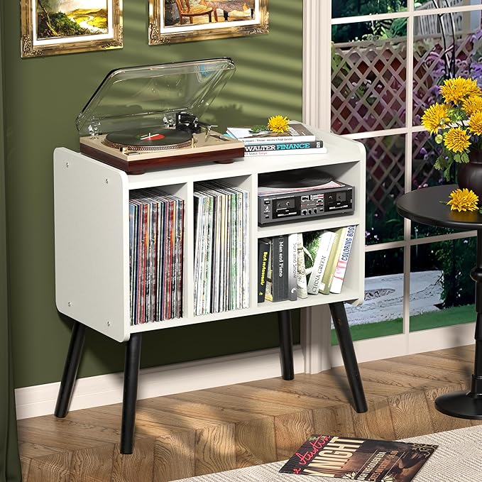 Record Player Table, Mid-Century Record Player Stand with Vinyl Storage Hold Up to 150+ Albums, Vinyl Record Cabinet with Adjustable Shelves, Wood Turntable Stand for Music Living Room (White)