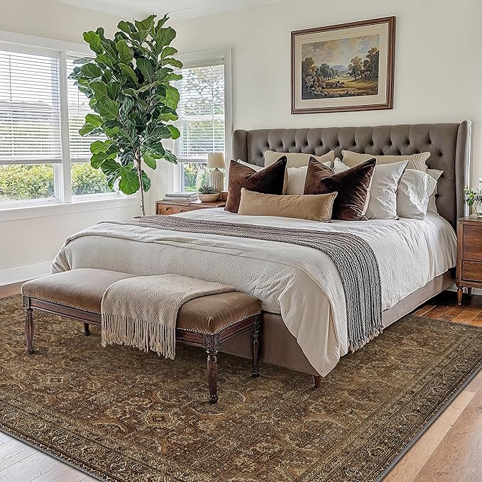 8X10 Area Rugs Machine Washable Rugs for Living Room, Vintage Boho Large Rugs for Bedroom Dining Room, Non Slip Indoor Soft Distressed Lightweight Thin Low Pile Carpet, Rustic Brown