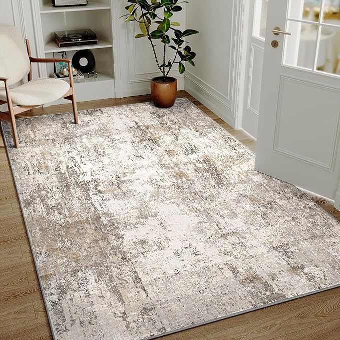 4x6 Washable Area Rug Brown Grey Neutral Abstract Entryway Kitchen Non Slip Low Pile Throw Rug Living Room Bedroom Indoor Doormat Soft Carpet for Entrance Bathroom Office