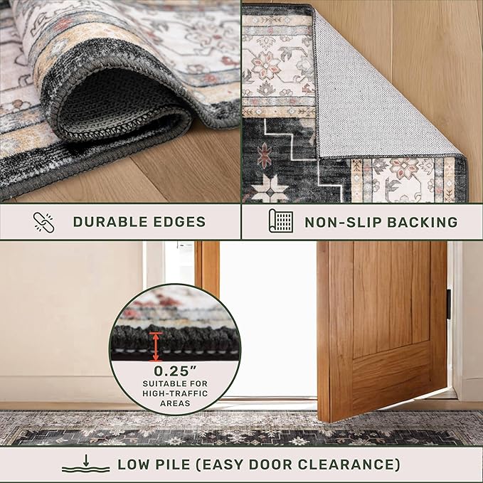 Large 3x5 Entryway Rug Indoor - Washable Non-Slip Low Pile Ultra Soft Area Rug for Large Kitchen, Bedroom Bedside, Mudroom - Boho Modern Aesthetic Geometric Decor (3x5 Black/Multi)