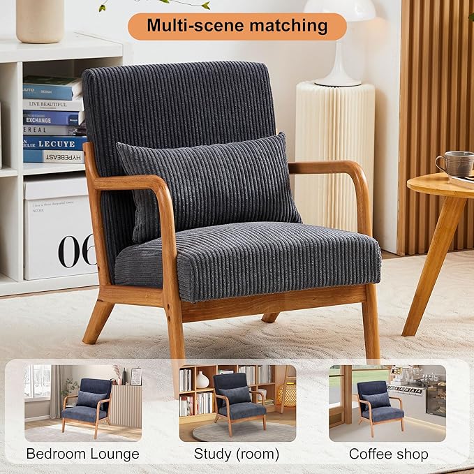 Ball & Cast Living Room Chair with Pillow,Mid-Century Modern Armchair w/Solid Wood Frame & Extra-Thick Backrest,Upholstered Reading Accent Chair for Bedroom,Dark Grey