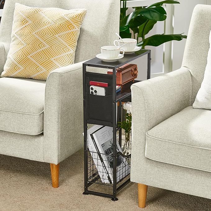 Narrow Side Table, Skinny Small End Tables with Magazine Holder, 3 Tier Small Sofa Side Table for Smalls Spaces, Sofa Couch Tables Bedside Table for Living Room Bedroom Office
