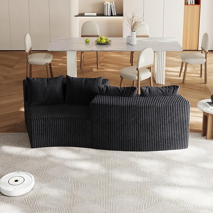 KEIKI Corduroy Curved Sectional Sofa, 2 Seater Symmetrical Modular Semi Circular Couch, Deep Seat Tufted Corner Sofa for Living Room, Lobby, Black