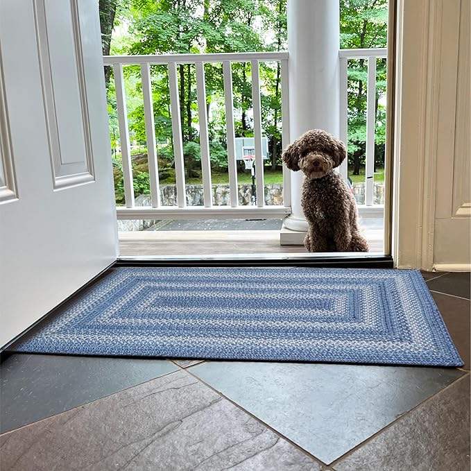 Homespice 20x30” Blue Rectangular Braided Rug. Denim Blue and White Jute Rug. Uses- Entryway, Kitchen Rugs, Bathroom Rugs. Reversible, Rustic, Country, Primitive, Farmhouse Decor Rug