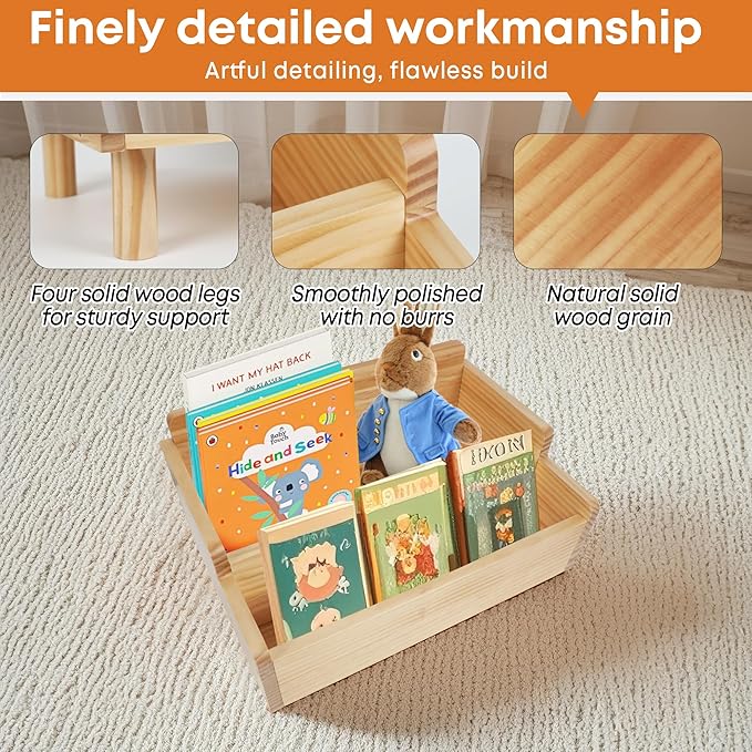 Kids Bookshelf,Montessori Bookshelf Small for Toddler,Baby Book Shelf Caddy with Divider,Toddler Book Storage Holder Container Wooden for Playroom,Kids Room,Nursery,Classroom,Pine (Natural Wood)