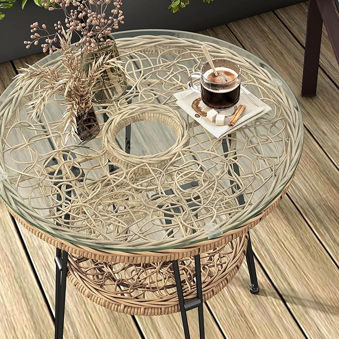 Muse & Lounge Co. Ysar Boho 19-inch Round Coffee Table Outdoor with Tempered Glass Top and Metal Frame, Handcrafted Coastal Furniture for Patio, Poolside, Garden, Yard, Natural