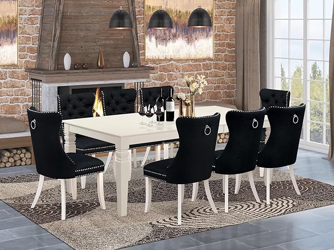 East West Furniture LGDA9-LWH-24 9 Piece Dinette Set Includes a Rectangle Dining Table with Butterfly Leaf and 8 Polyester Fabric Padded Chairs, 42x84 Inch, linen white