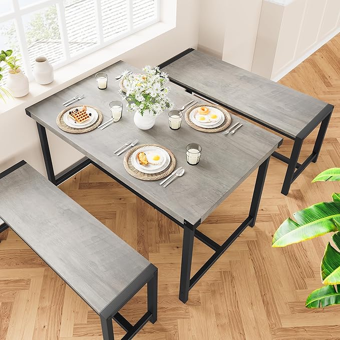 Dining Table Set for 4 with 2 Benches, 3-Piece Kitchen Table Set, Space-Saving Dining Set for Kitchen, Dining Room, Gray