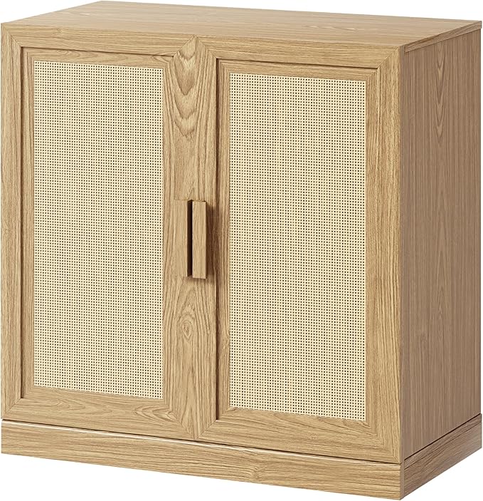 Buffet Cabinet, 2-Doors Sideboard Cabinet with Rattan Panels, Buffet Console Accent Table for Hallway Entryway Dining Room, 31", Oak