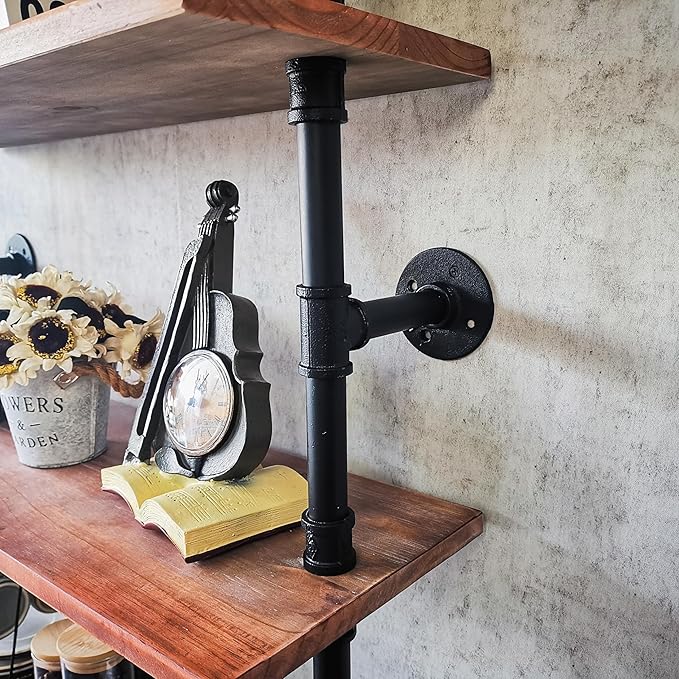 Pipe Industrial Shelves, Wall Mounted Wood Metal Ladder Rustic Bookshelf (Weathered Brown, 6 Tier - 10" D x 30" W x 82.5" H)