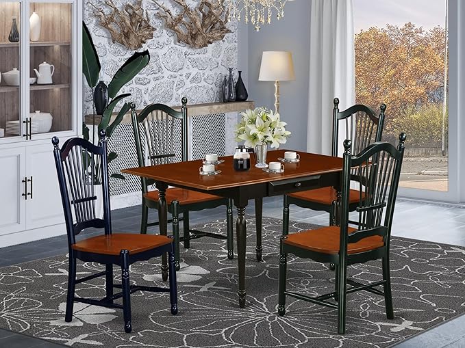 East West Furniture MZDO5-BCH-W 5 Piece Kitchen Table & Chairs Set Includes a Rectangle Dining Room Table with Dropleaf and 4 Dining Chairs, 36x54 Inch, Black & Cherry
