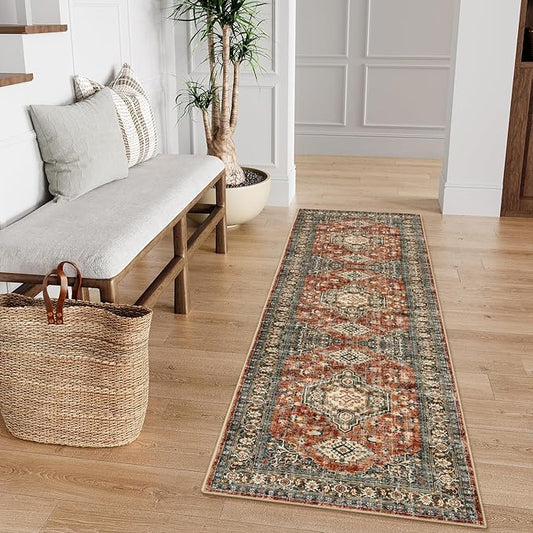 Lahome Oriental Kitchen Runner Rug Non Slip, 2x5 Washable Hallway Runner with Rubber Backing, Vintage Hallway Rug Ultra-Thin Soft Carpet for Bedroom Bathroom, Brick Red