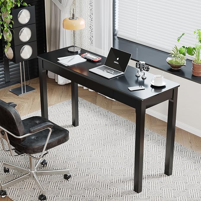 Solid Wood Desk with Drawers - 47 x 16 Inch Modern Narrow Desks, Rubber Wood Study Table, Small Writing Desk for Small Spaces|Bedroom - Black Desks