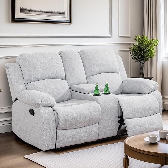 Loveseat Recliner Sofa, Reclining Loveseat Couch with Storage Console, Modern Comfy Home Theater Seating Power Recliner Chair with Cup Holders for Living Room Furniture Sets, Grey White