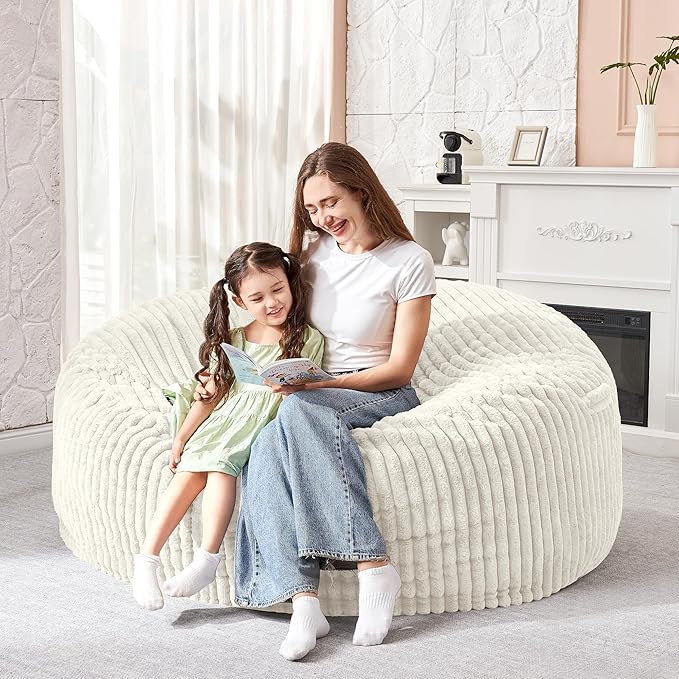 HABUTWAY 3FT Bean Bag Chair, 3' Large Bean Bag Chairs for Adults with Removable Stripe Plush Cover, Memory Foam Beanbag Chair for Living Room Bedroom Dorm (White)