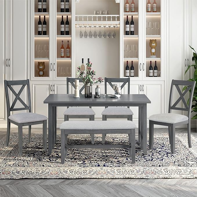 Ball & Cast 6-Piece Dining Table Set, 60" Wood Dining Kitchen Table & Chairs Set, Rectangular Dining Room Foldable Table with 4 Upholstered Chairs & 1 Bench,Perfect for Dining Room, Kitchen, Gray